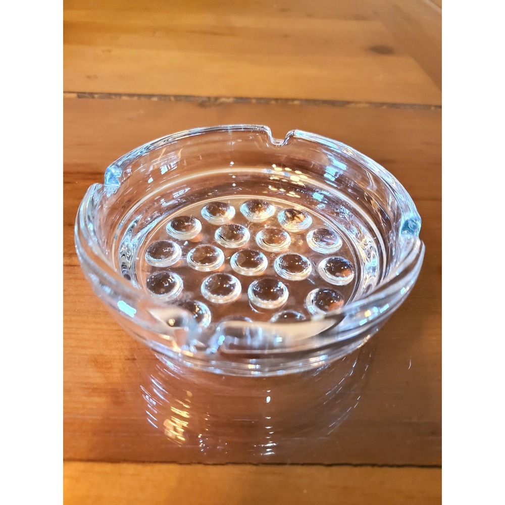 Vtg 4" Round Clear Glass Hobnail Bubble Base Ashtray / Catch-All w/3 Slots Retro